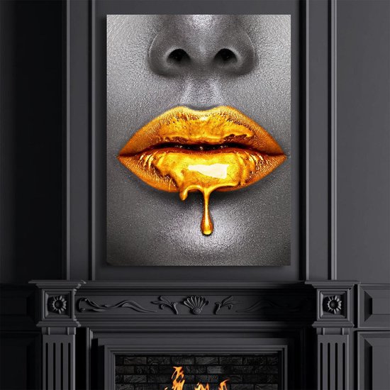 Luxe Canvas Schilderij Gold Lip | 75x100 | Woonkamer | Slaapkamer | Kantoor | Goud| Succes | Art | Modern | Lifestyle | Lip | ** 4CM DIK! 3D Effect**