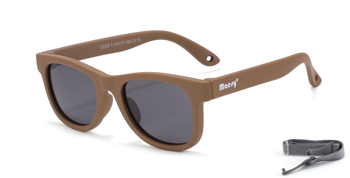 Maesy - baby zonnebril Indi - 0-2 jaar - flexibel buigbaar - verstelbaar elastiek - gepolariseerde UV400 bescherming - jongens en meisjes - babyzonnebril vierkant - taupe bruin