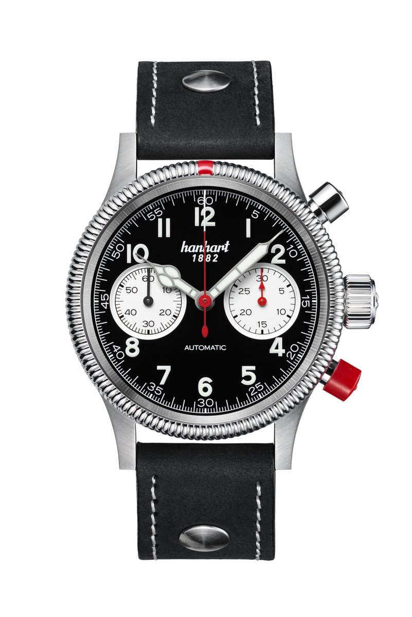 Hanhart Pioneer Mk II Reverse Panda Horloge Zwart - zwarte band - geribbelde rand - 40mm