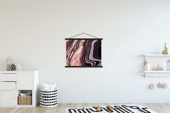 Posterhanger incl. Poster 60x45 cm - Schoolplaat - Marmer - Roze - Goud - Glitter - Marmerlook - Textielposter - Zwarte latten