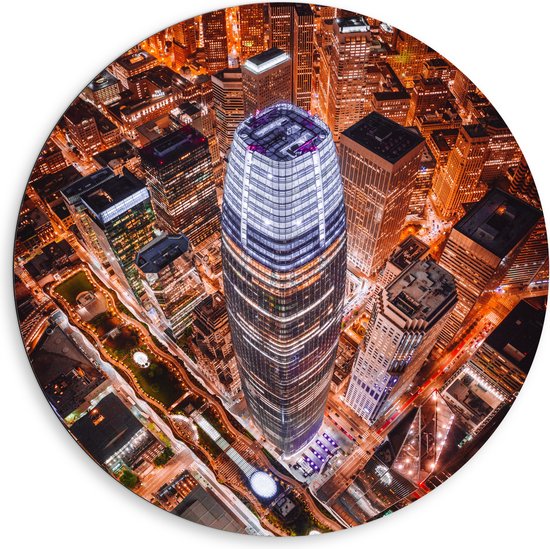 WallClassics - Dibond Muurcirkel - De Salesforce Tower vanaf boven - 80x80 cm Foto op Aluminium Muurcirkel (met ophangsysteem)