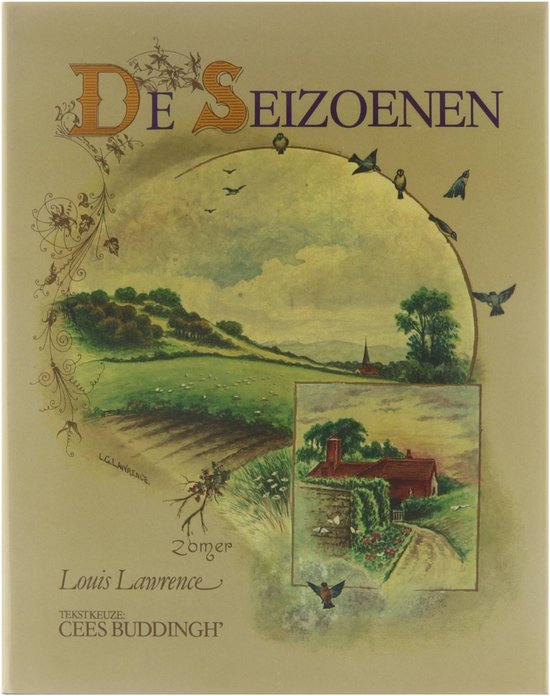 Boekillustratie 'De Seizoenen' Zomer. Een landschap met schapen, een boerderij en vogels, in warme tinten.