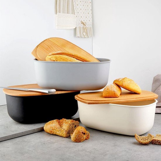 Theo&Cleo Broodtrommel met snijplank, 33 x 21 x 15 cm, matte broodtrommel met houten deksel en linnen broodzak, rondom ventilatie, broodmand voor langdurige frisheid, grijs