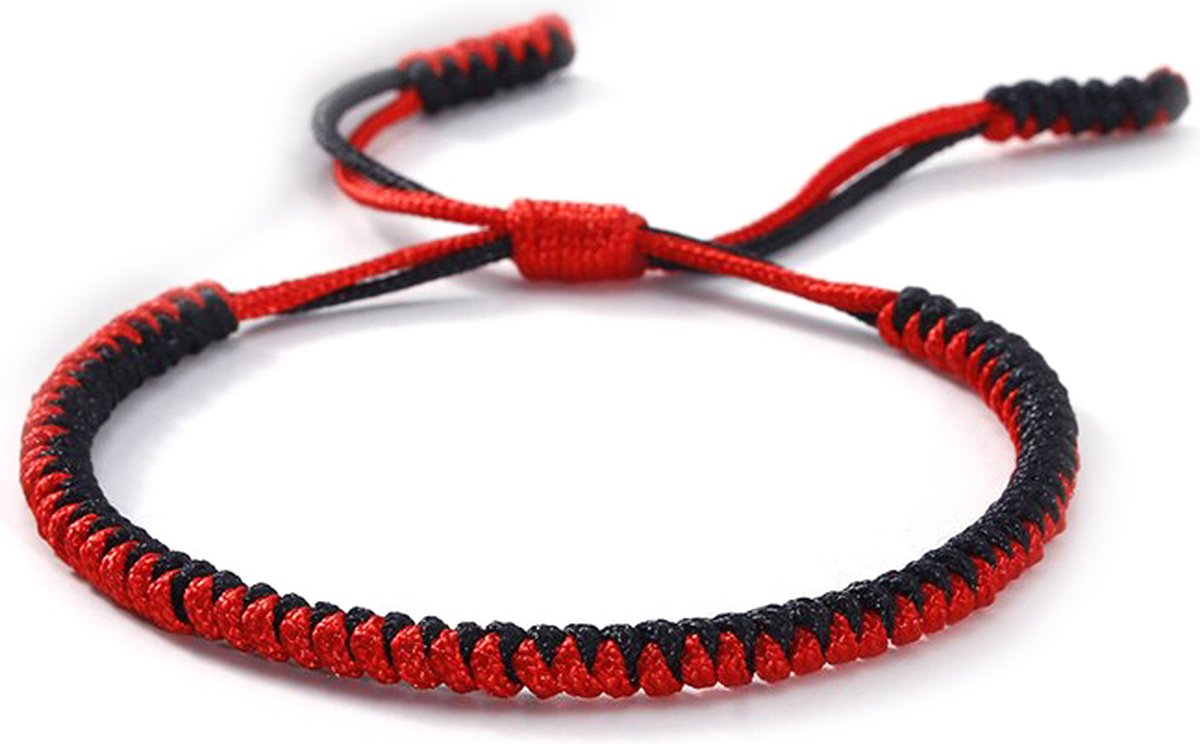 Rood zwarte geknoopte armband nylon koord tibetaanse stijl met schuifknoop