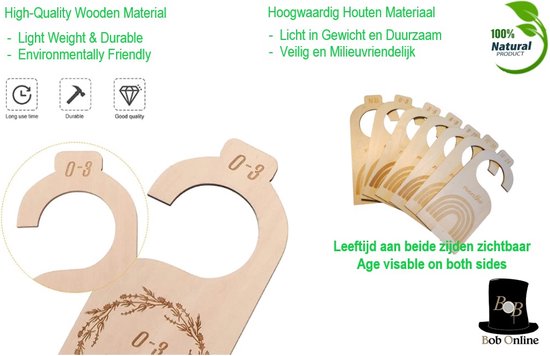 Bob Online ™ - 7 Stuks – Houten Babykastverdelers v/a pasgeboren t/m 24 Maanden – Kinderkamer Decor – Babykledingorganisatoren – Wooden Baby Closet Dividers – Baby Shower gift – Kraam Cadeau  – Kastverdelers – Baby Kleding Maathangers - Maathangers — afbeelding 3