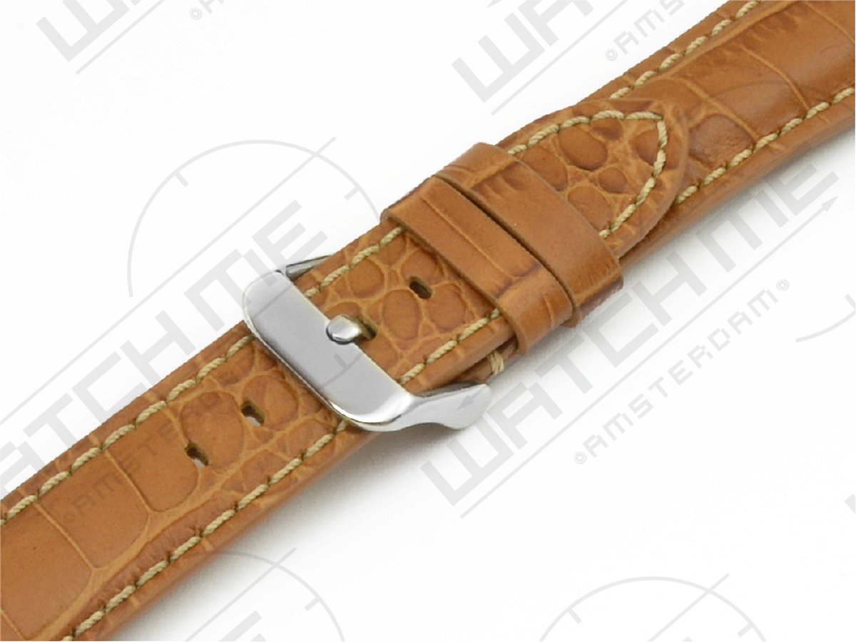 Horlogeband leer alligator print - Carolina licht bruin met witte stiksels 20 mm