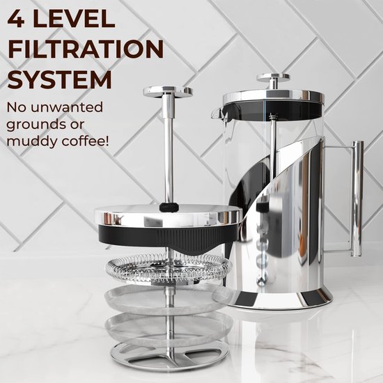 Cafe Du Chateau French Press Koffiezetapparaat, Cafetiere - Roestvrij staal & Duurzaam Glas Koffiepers, Koffie Franse Press, Thee Brewer & Koffie Plunjer 34oz