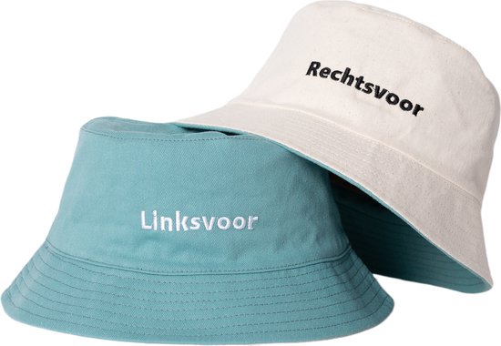 Reversible bucket hat - mybuckethat - linksvoor rechtsvoor - blauw/wit - vissershoedje - katoen - geborduurd
