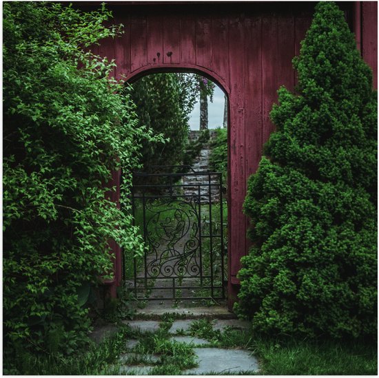 Poster Glanzend – Rode Poort Doorgang - 50x50 cm Foto op Posterpapier met Glanzende Afwerking
