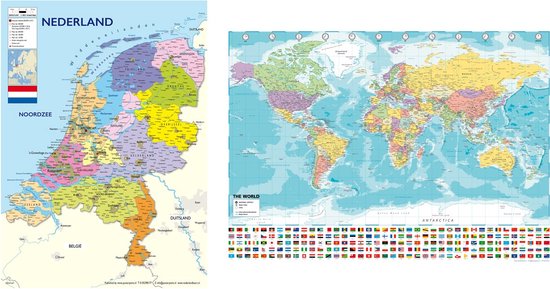 Wereld en Nederland kaart posterset - groot formaat - duo set - 70 x 100 cm