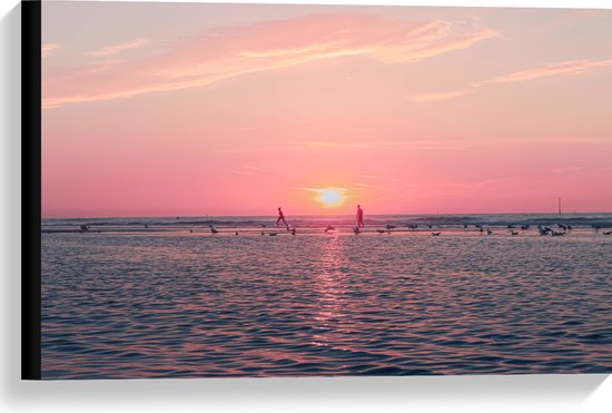 Canvas - Roze Zonsondergang aan Zee met Meeuwen - 60x40 cm Foto op Canvas Schilderij (Wanddecoratie op Canvas)
