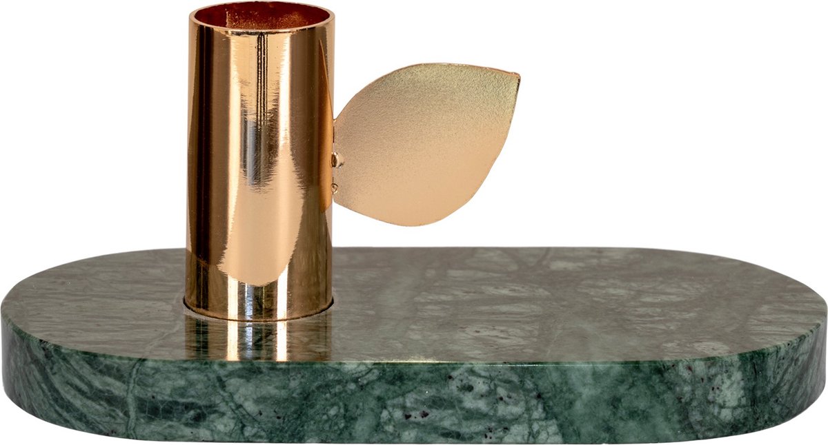House Nordic - Kandelaar _ Kaarsenhouder - Natuursteen - Groene marmerlook/ messing - 14x7 cm