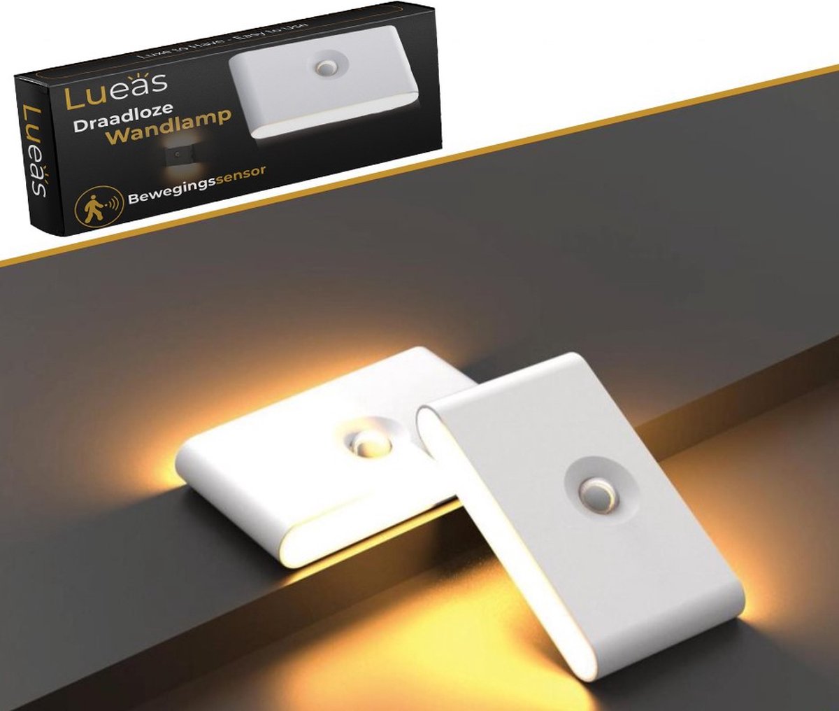 Lueas® Compacte Sensorlamp draadloos – USB-oplaadbaar – Nachtlamp Met Bewegingssensor – LED – Wandlamp