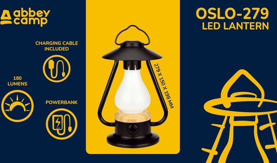 Abbey Camp Retro oplaadbare LED Lantaarn - OSLO-279 - Zwart van Abbey Camp — afbeelding 4