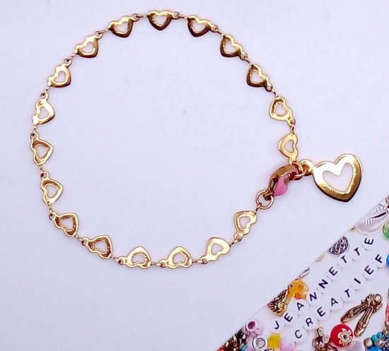 Jeannette-Creatief - Chique - Hartjes - Gouden RVS armband met hartjes en hartjes bedel - Bedelarmband - Cadeau - Roze RVS enamel karabijnsluiting