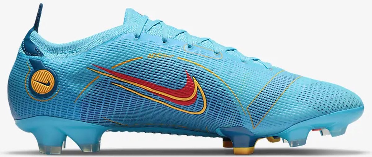 Nike Mercurial Vapor Elite FG voetbalschoenen in maat 47, lichtblauw met rode en gele details, ontworpen voor snelheid.