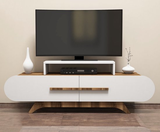 Meuble TV rétro debout Bois et blanc avec coins arrondis - 145x36,8x49,8cm  | bol