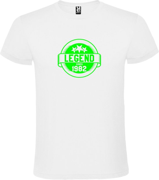 Wit T-Shirt met “Legend sinds 1982 “ Afbeelding Neon Groen Size XS