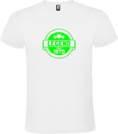 Wit T-Shirt met “Legend sinds 1970 “ Afbeelding Neon Groen Size L