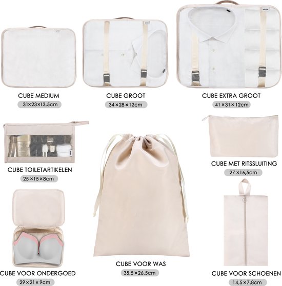 Behave Packing Cubes - Koffer organizers - Bagage organizer set - Travel Cubes - 8 delige set - Lichtgewicht - Beige