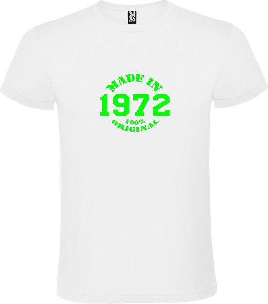 Wit T-Shirt met “Made in 1972 / 100% Original “ Afbeelding Neon Groen Size XXXL