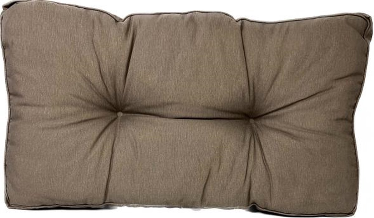Een taupekleurig loungekussen van Madison Florance, 80x43 cm, met een gestructureerd patroon en merklogo.