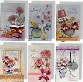 Cards & Crafts 6 Luxe 3D Verjaardag wenskaarten Felicitatie Bloemen - 17x11cm - gevouwen kaart met gekleurde envelop