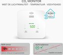 CO2 monitor meet luchtkwaliteit, temperatuur en vochtigheid. Met NDIR-sensor en auto-kalibratie.