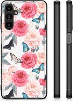 Telefoontas Geschikt voor Samsung Galaxy A14 5G Smartphone Hoesje met Zwarte rand Butterfly Roses
