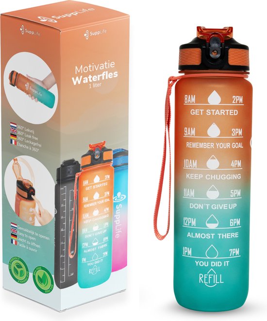 Supplife Bidon - 1 Liter - met Rietje - BPA Vrij - Oranje Cyaan - Inclusief Schoonmaakborstel