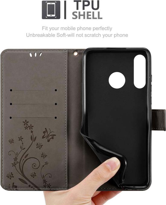 Cadorabo Hoesje geschikt voor Huawei P30 LITE in BLOEMEN GRIJS - Beschermhoes in bloemmotief met magnetische sluiting, standfunctie en kaartsleuven Book Case Cover Etui