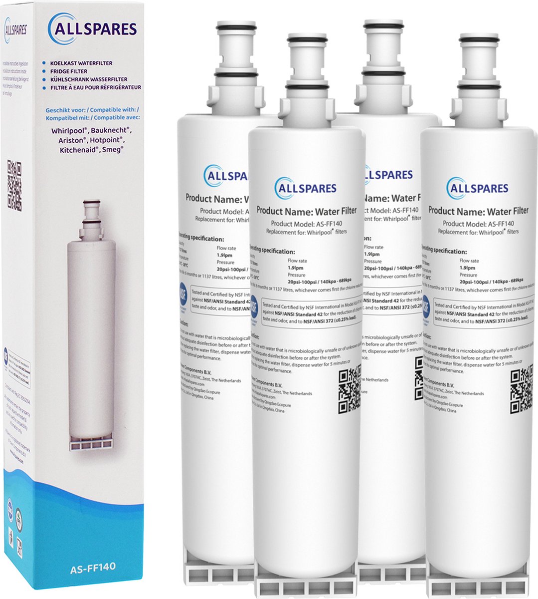 AllSpares Waterfilter (4x) voor Koelkast geschikt voor Whirlpool Bauknecht SBS002 / SBS200 / SBS103 / 481281729632