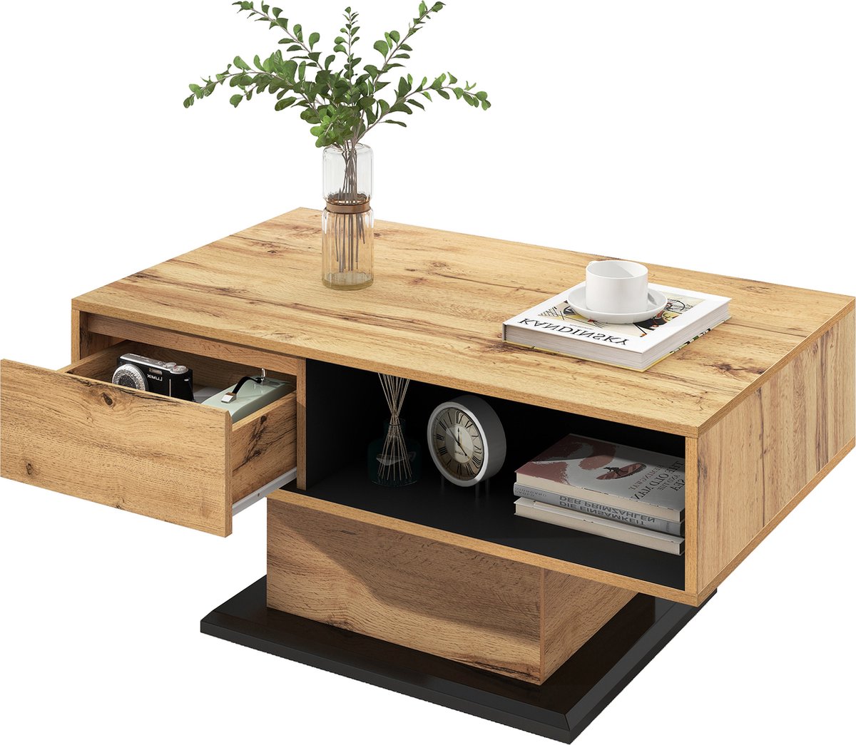 Merax Houtnerf Salontafel – Vierkant – Bijzettafel met Greeploze Lade en Groot Achteropbergvak – Bruin met Zwart – 100×60×47 cm