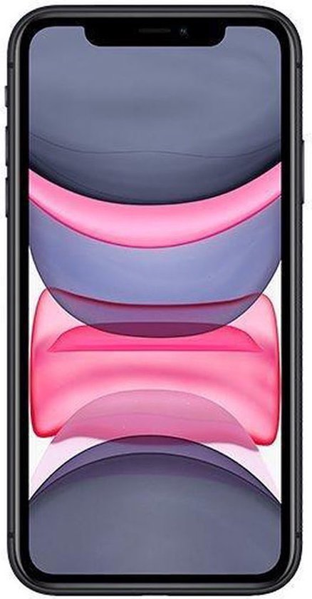 Zwarte iPhone 11 met een paarse, roze en grijze screensaver.