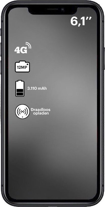 Zwarte iPhone met 6,1" scherm, 4G, 12MP camera en draadloos opladen.