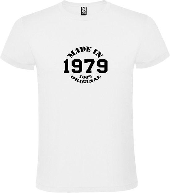 Wit T-Shirt met “Made in 1979 / 100% Original “ Afbeelding Zwart Size XXXXXL
