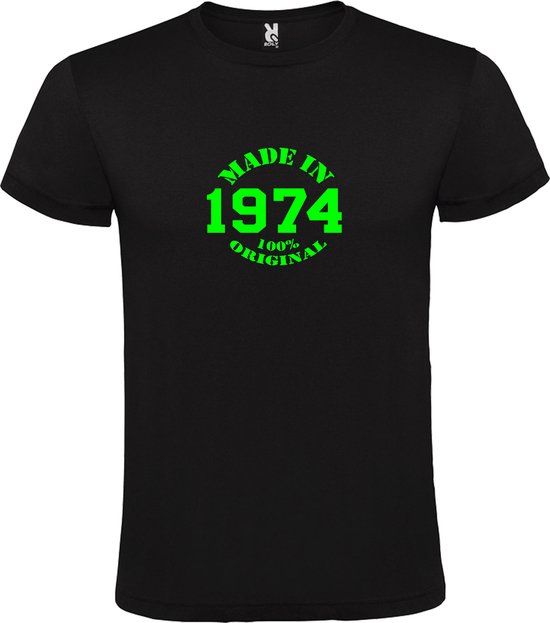 Zwart T-Shirt met “Made in 1974 / 100% Original “ Afbeelding Neon Groen Size XXXL