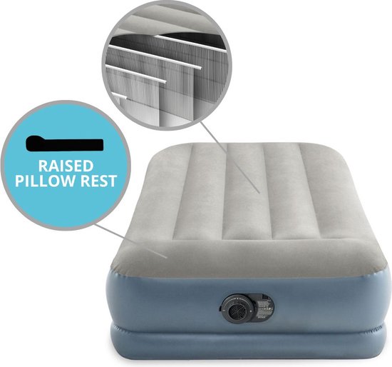 Intex Airbed - 1-Person - 99 x 191x 30 cm - Grijs - Avec pompe intégrée, Hoeslaken Anthracite, Oreiller, Molton 2 en 1 Taies d'oreiller et Kit de réparation