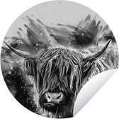Tuincirkel Schotse hooglander - Verf - Zwart - Wit - 90x90 cm - Ronde Tuinposter - Buiten