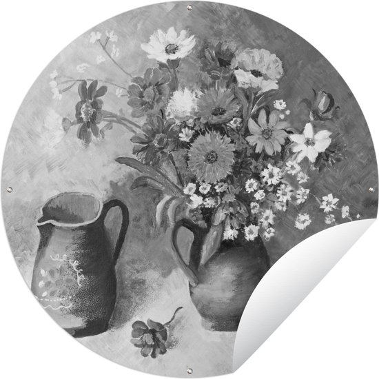 Tuincirkel Stilleven van bloemen in een vaas - zwart wit - 150x150 cm - Ronde Tuinposter - Buiten