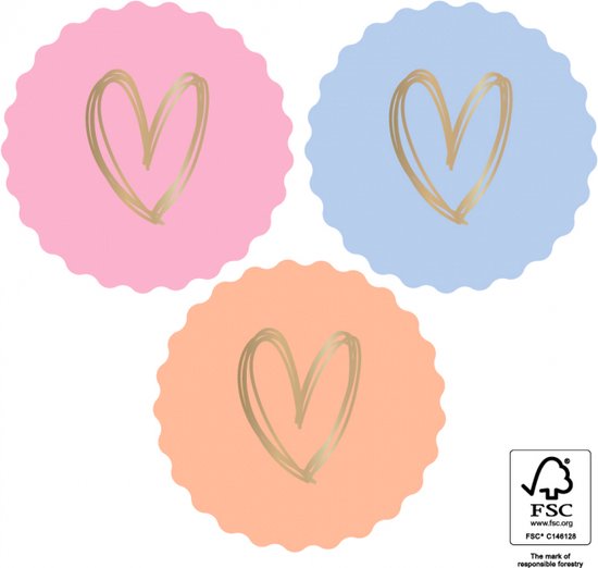 Foto: Sluitzegel groot kartel rand gouden hart pastel blauw rose mint oud groen hartjes stickers envelop sticker geboorte kaart huwelijk verjaardag bedankje cadeau gift cadeauzakje traktatie babyshower dh collection