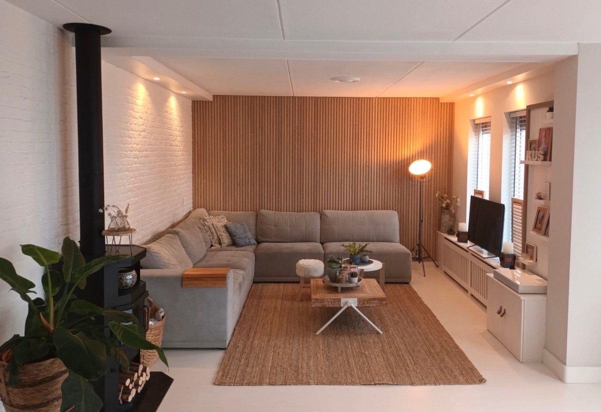 Akoestisch Wandpaneel SAMPLE (proefstukje) - Houtfineer - Eiken Naturel Promo Grey - WallingtonNL - Geluidsabsorptie - Akupanel - Lattenwand