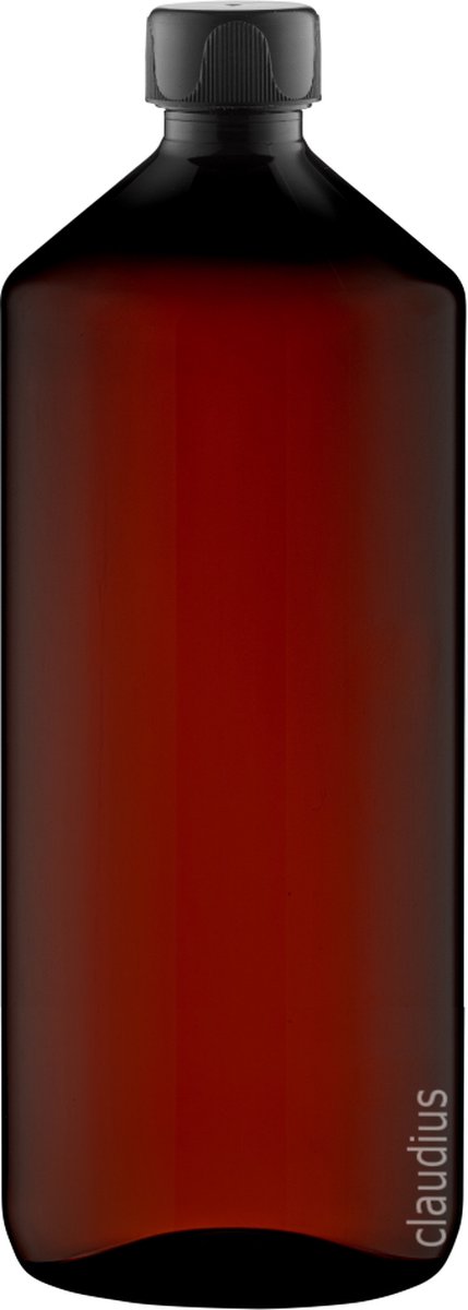 Lege Plastic Fles Apothekersfles 1 Liter PET Amber bruin - met zwarte ribbeldop - set van 10 Stuks - Navulbaar - Leeg