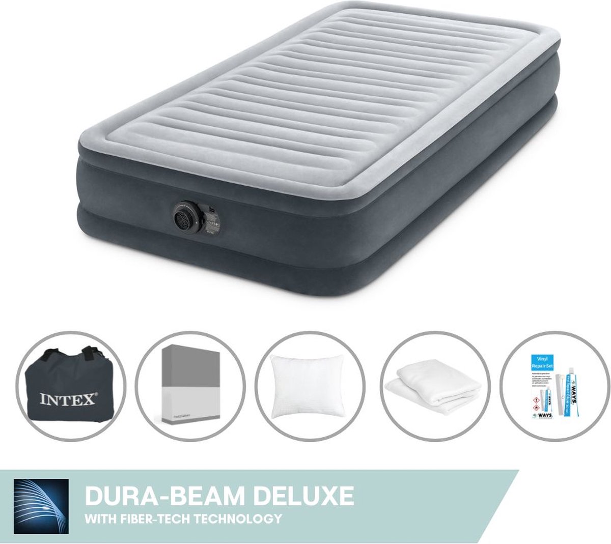 Intex Luchtbed - 1 Persoons - 99 x 191 x 33 cm - Grijs - Inclusief pomp - Hoeslaken - Kussen - Kussenbeschermer en Reparatieset