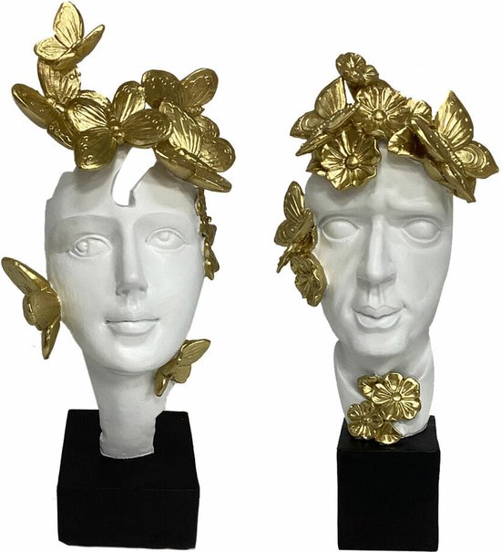 Decoratieve figuren DKD Home Decor Gezicht Gouden Wit Hars (14 x 11 x 32 cm) (2 Stuks)