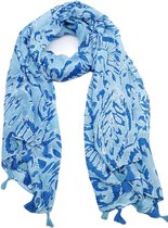 Lange dames sjaal Alita fantasiemotief blauw wit koningsblauw korenblauw