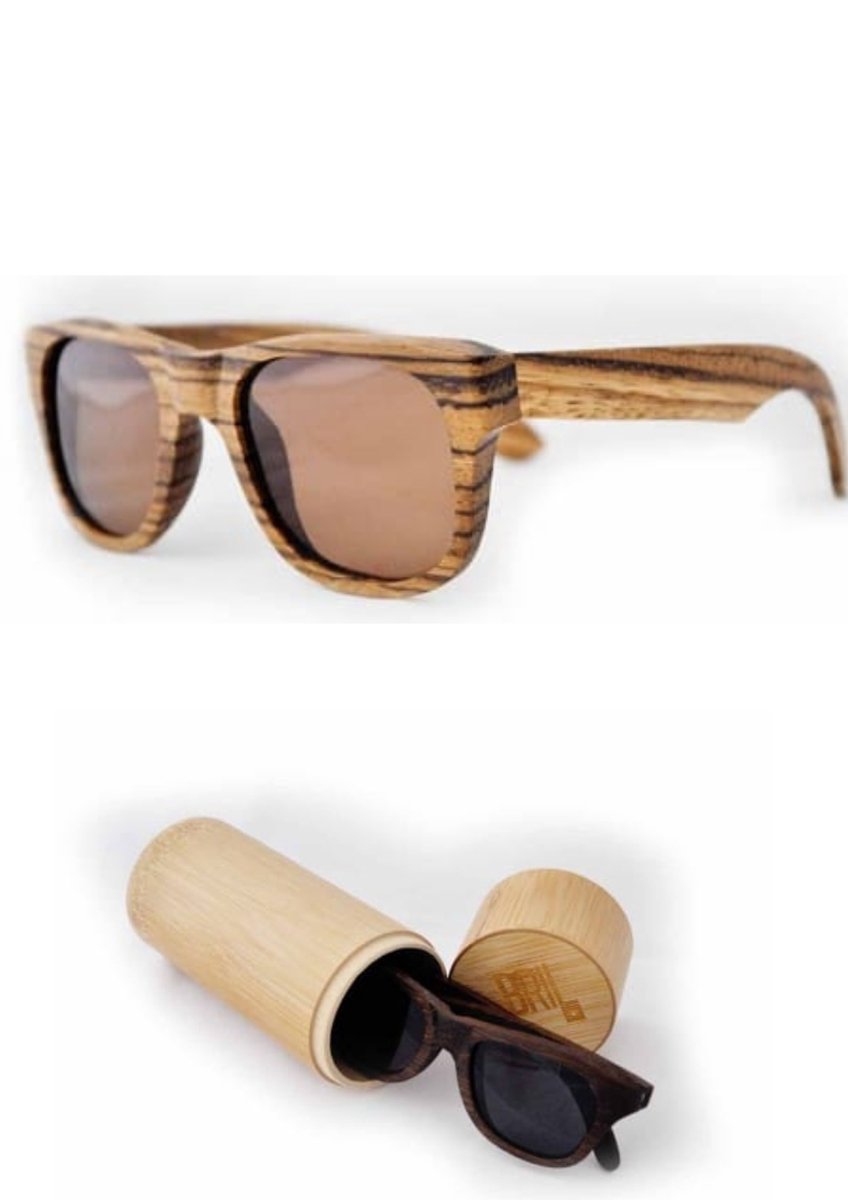 V&P Zonnebril - Unisex - zebrahout - in handige bamboo bewaarkoker - met gratis brillendoekje