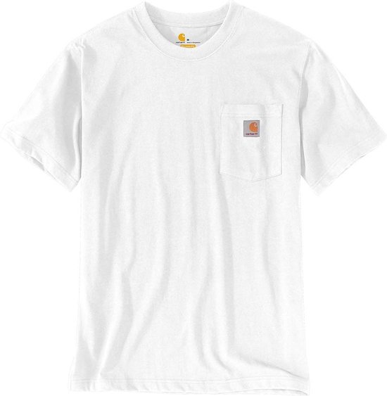Wit Carhartt T-shirt met borstzakje en oranje logo.