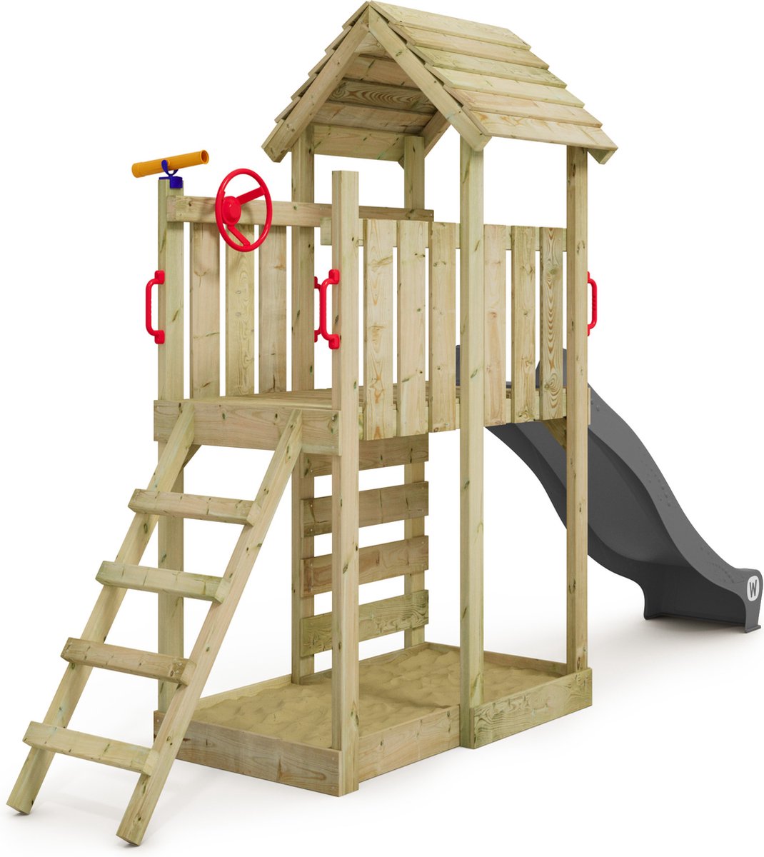 WICKEY speeltoestel klimtoestel JoyFlyer met houten dak & antracietkleurige glijbaan outdoor kinderspeeltoestel met zandbak ladder & speelaccessoires voor de tuin