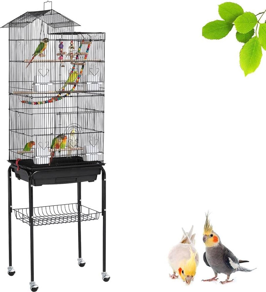 Bol.com Papa Simba Vogelkooi, vogelvolière, parkiet, vogelkooi met standaard, 46 x 35,5 x 158,5 cm, 360 graden draaibare wielen ... aanbieding